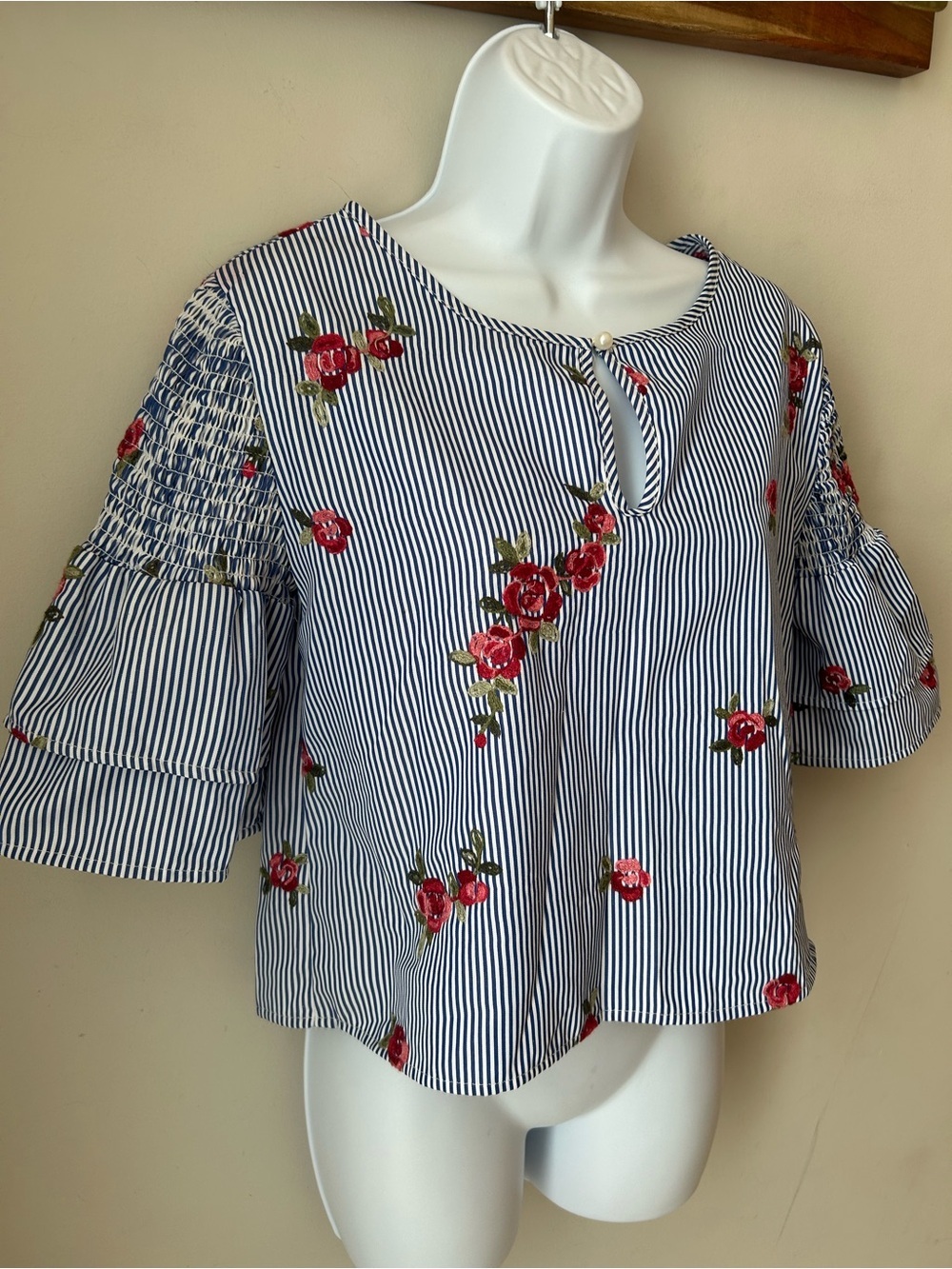 Dizzy Lissy Floral Embroidered Striped Peplum Blouse Medium Cottagecore